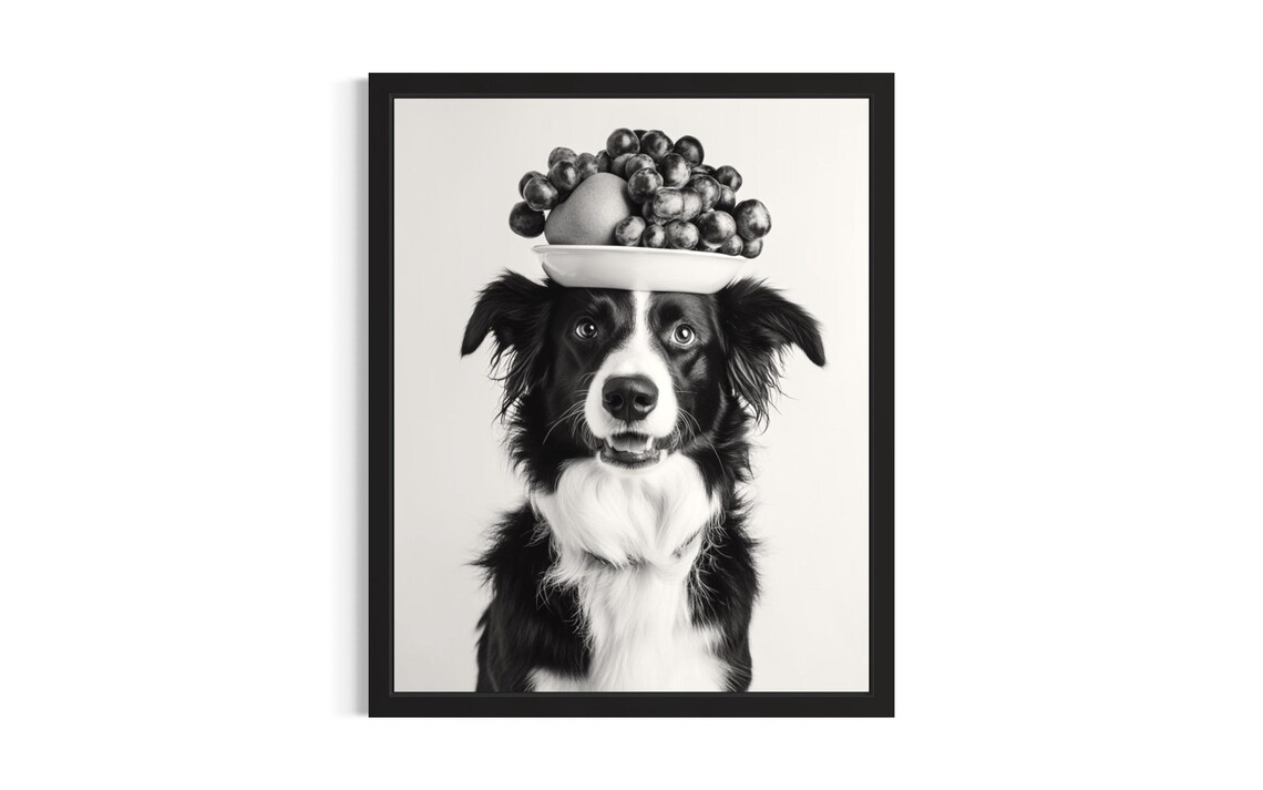 Border Collie Balancing Fruit Bowl Black And White Dog Portrait Poster