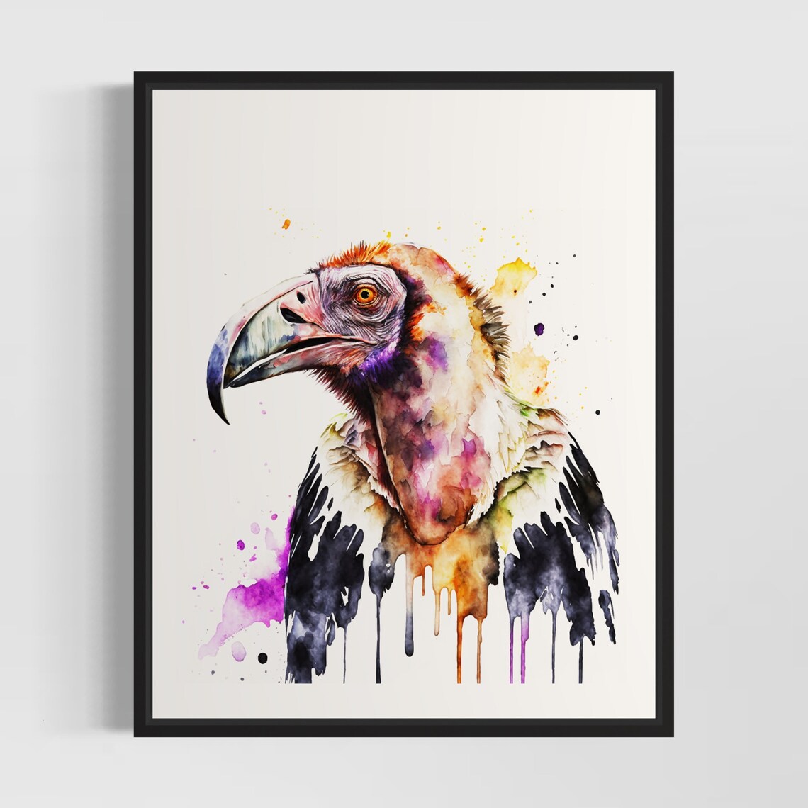 Solemn Vulture Portrait Bird of Prey Watercolor Wildlife Poster Art