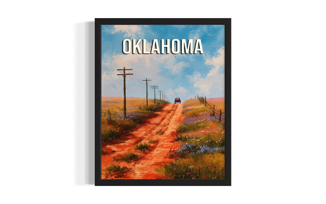 Oklahoma Red Dirt Road Telephone Poles Wildflower Field Poster