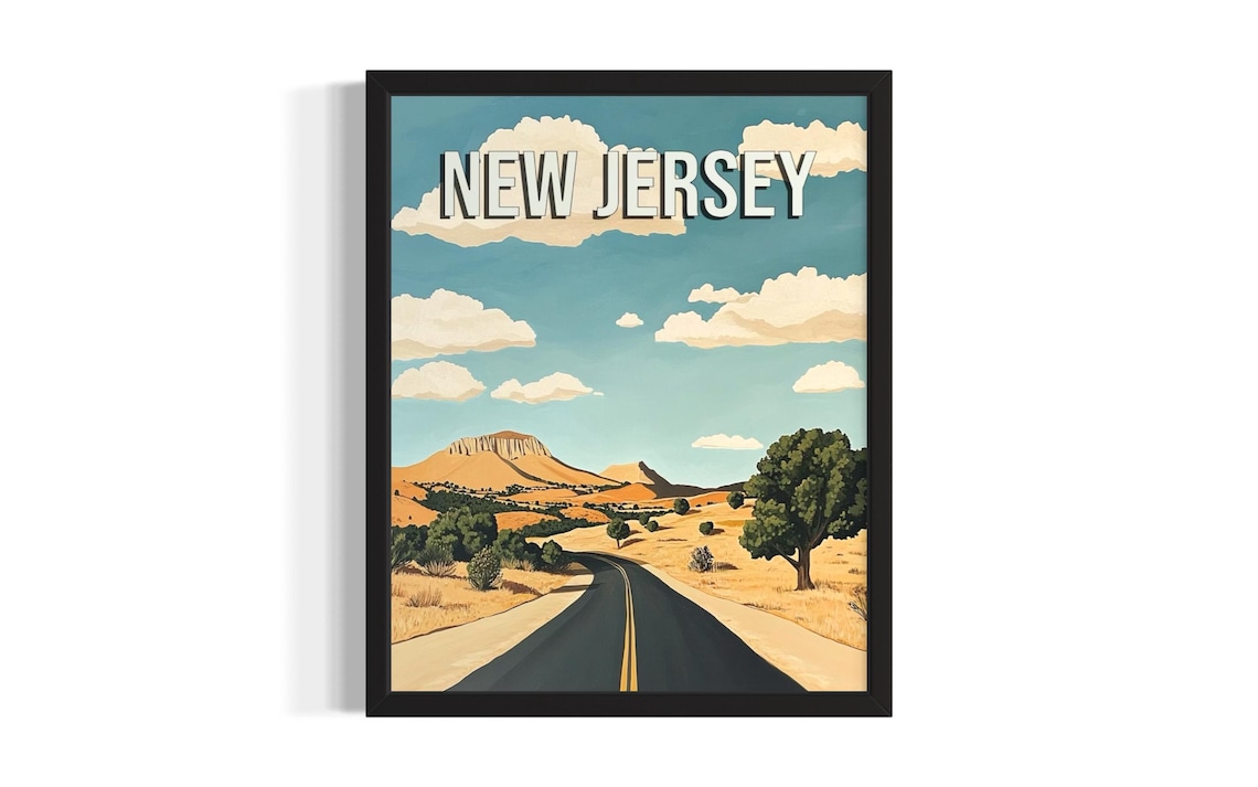 New Jersey Open Desert Road with Mesa Mountains Retro Travel Poster