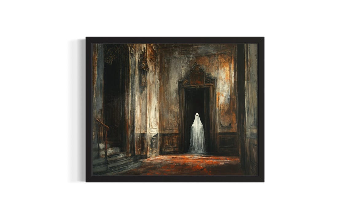 Ghost in Abandoned Mansion Hallway Dark Spooky Oil Art Poster