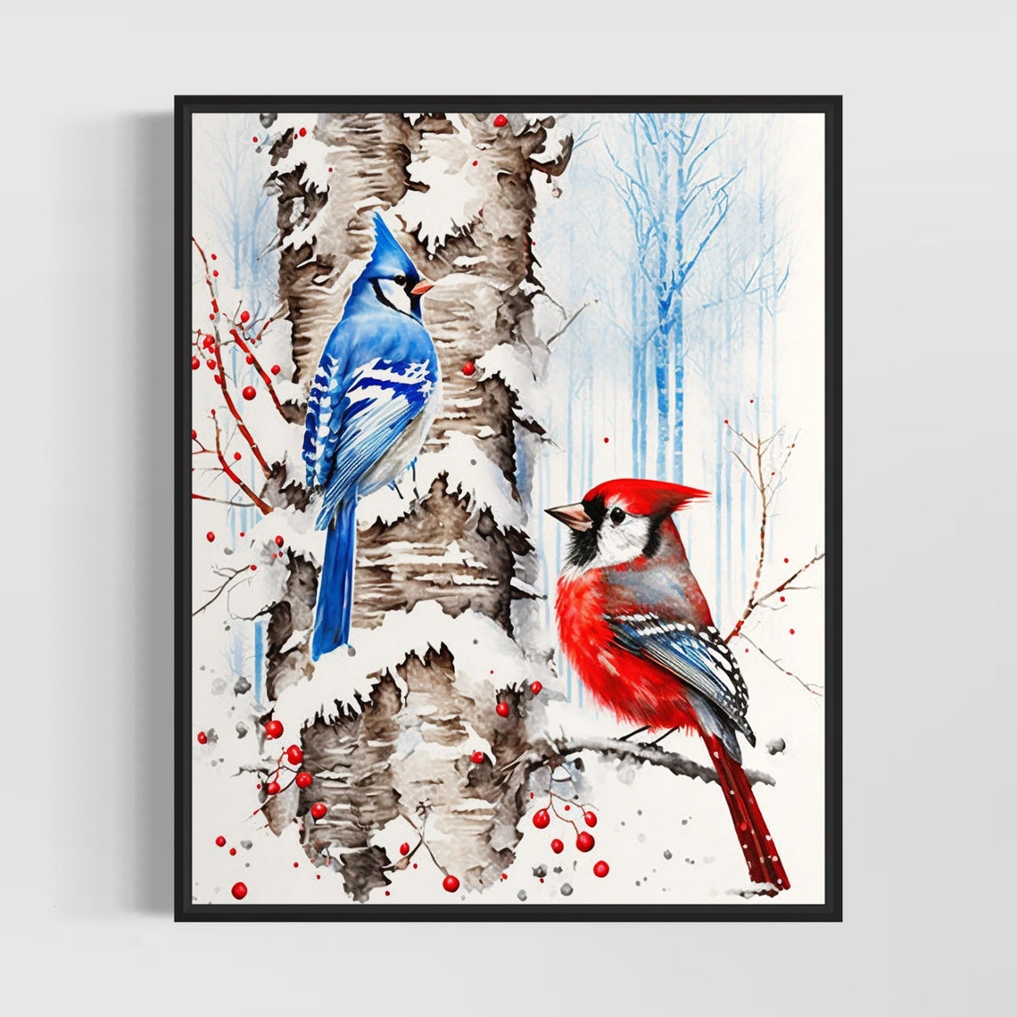 Blue Jay And Red Cardinal Snowy Watercolor Winter Bird Poster