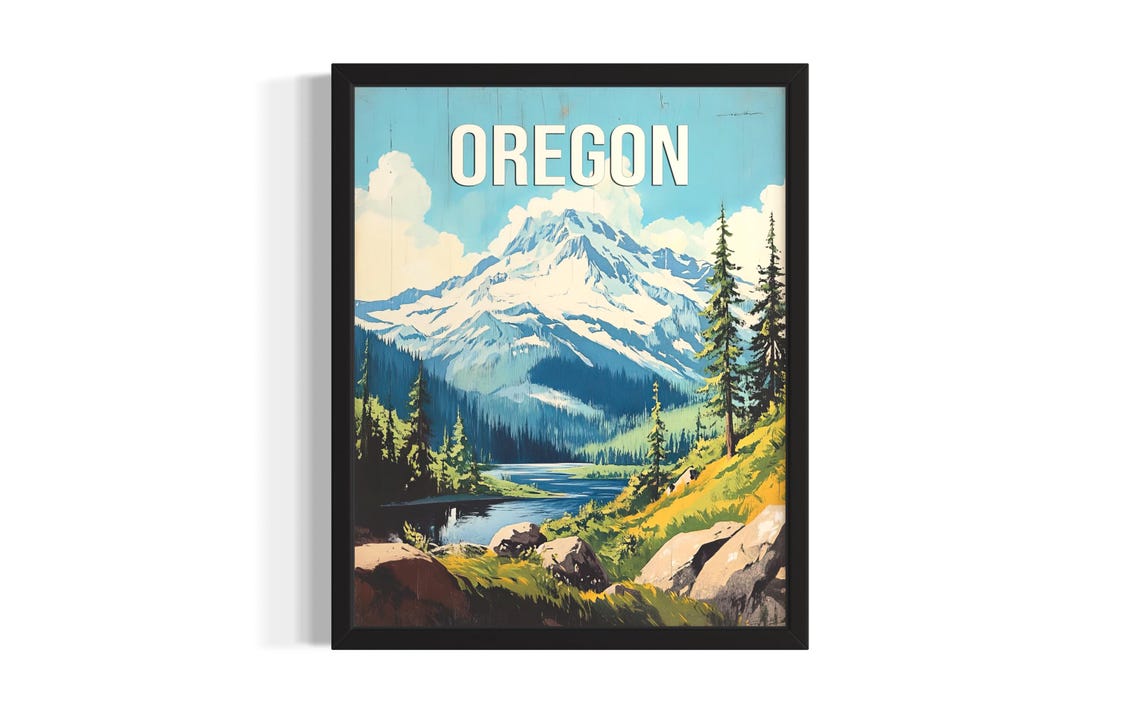 Oregon Vintage Snow Capped Mountain Lake Tall Pines Retro Poster