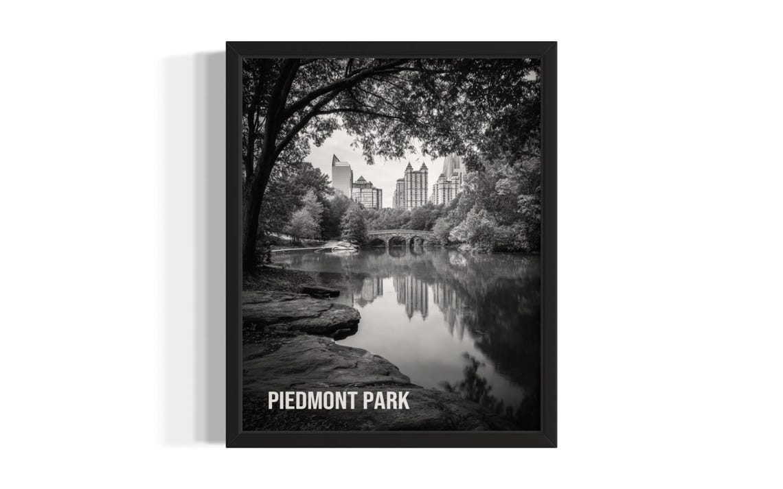 Piedmont Park Lake Skyline Reflection Black and White Photo Poster