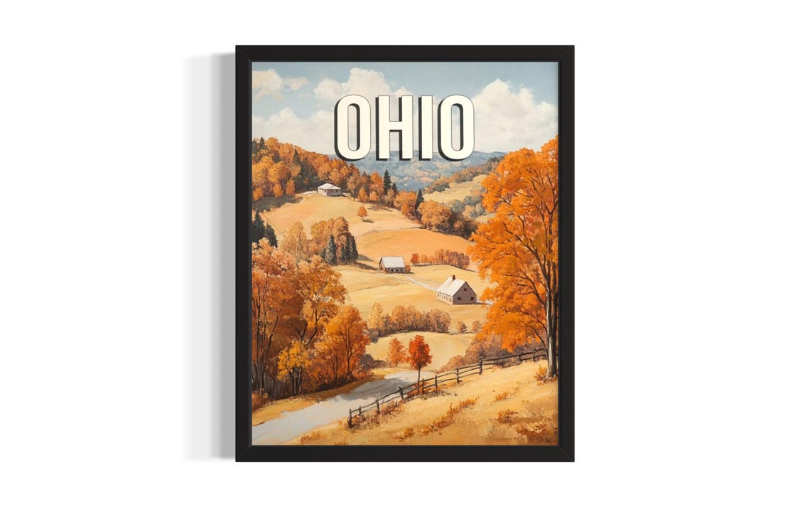 Ohio Autumn Hills Golden Forest Farm Barns Scenic Landscape Poster
