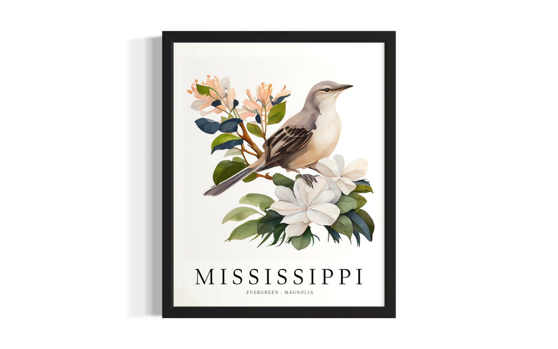 Mississippi Magnolia Blossom Songbird Botanical State Art Poster