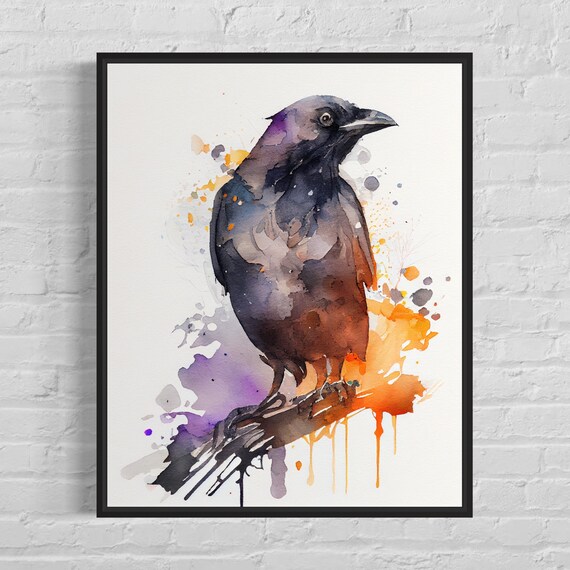 Black Crow Watercolor Splash Purple Orange Wild Bird Art Poster