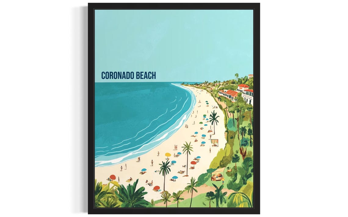 Coronado Beach Ocean Shoreline Scene Retro Style Travel Poster