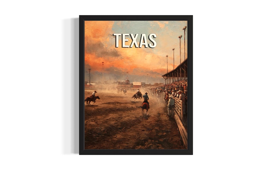 Texas Rodeo Arena Horseback Riders Dusty Sunset Western Poster