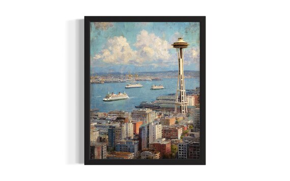 Seattle Skyline Space Needle Harbor Ferries Vintage Cityscape Poster