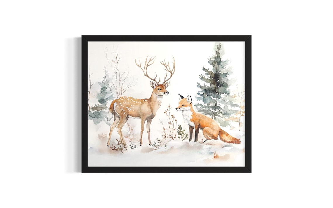 Deer And Fox Winter Watercolor Snowy Forest Woodland Scene Poster