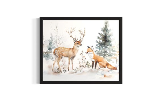 Deer And Fox Animal In Harmony Forest Wildlife Poster Art Print Living Room Wall Original Painting Artwork Decor