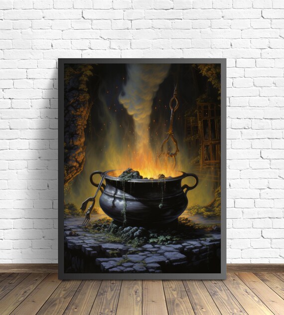 Witches Cauldron Over Flames Spooky Gothic Halloween Night Poster