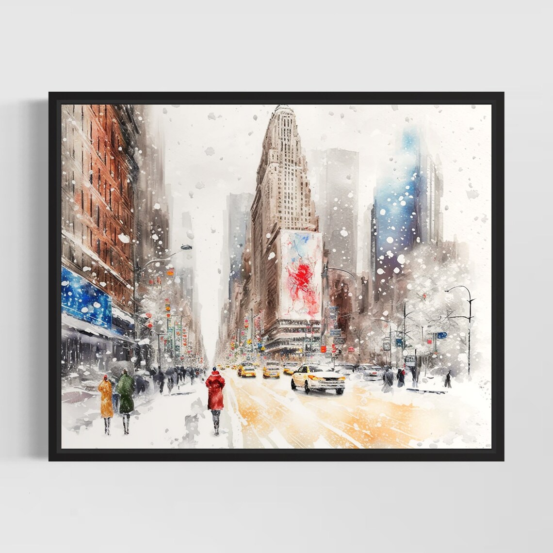 New York City Winter Street With Snowy Taxis Watercolor Poster