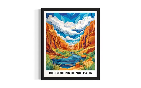 Big Bend National Park Canyon River Colorful Paper Cut Travel Poster