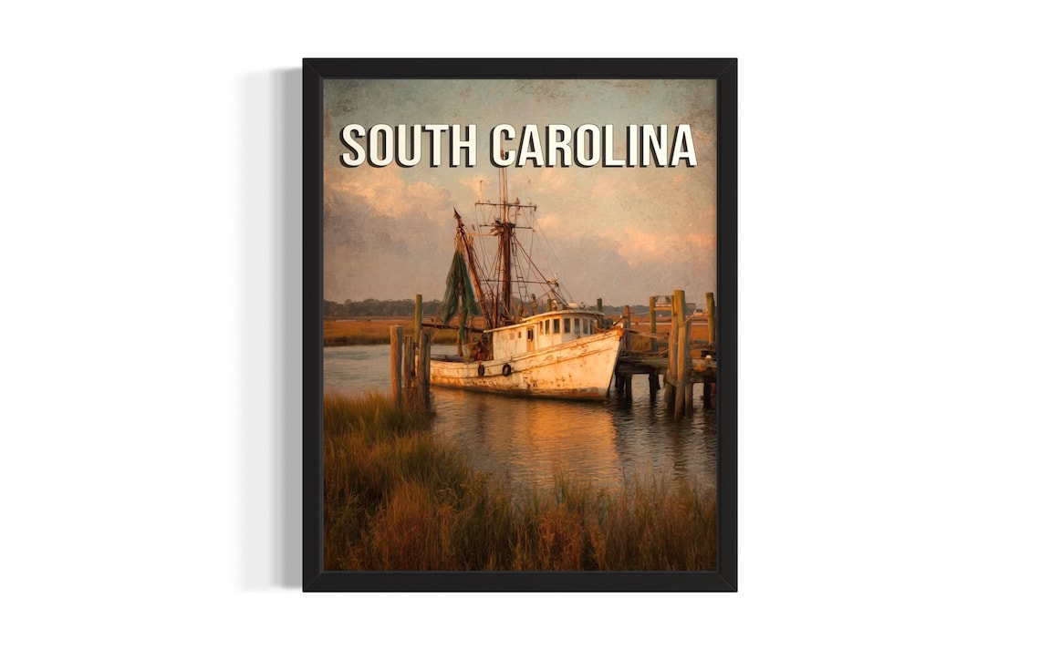 South Carolina Fishing Boat Docked Harbor Sunset Coastal Art Poster