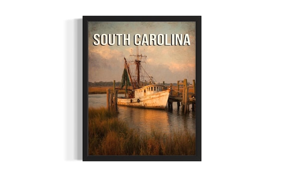 South Carolina Fishing Boat Docked Harbor Sunset Coastal Art Poster