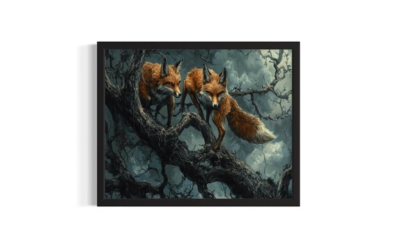 Two Demonic Foxes Glowing Eyes Gnarled Forest Tree Dark Art Poster