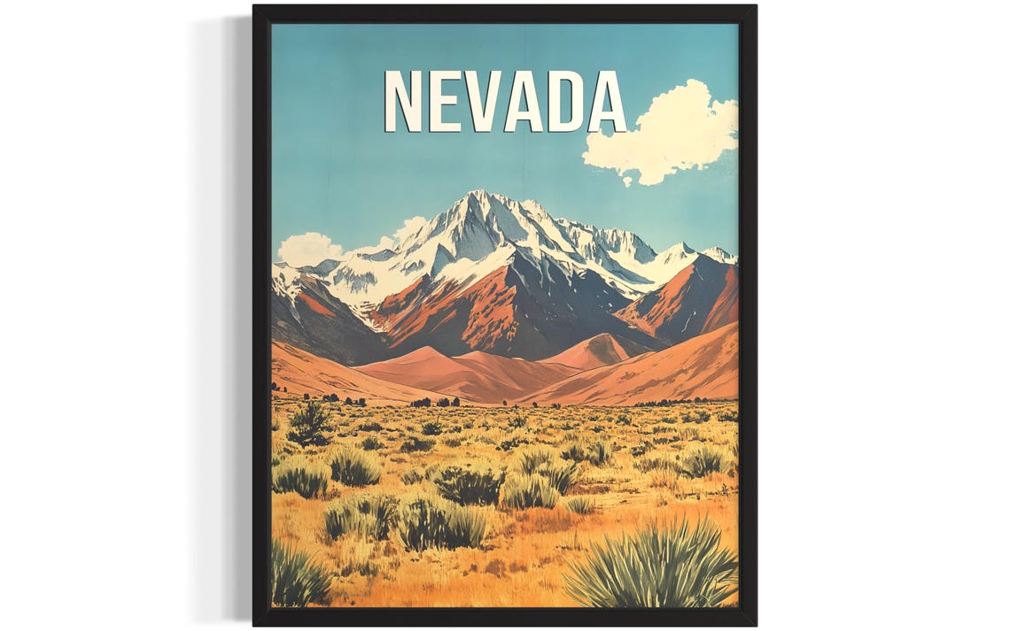 Nevada Snowcapped Mountain Vintage Travel Style Retro Landscape Poster