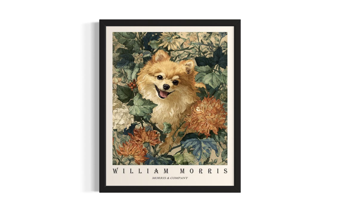 Pomeranian William Morris Botanical Floral Smiling Dog Poster