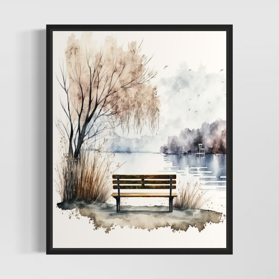 Quiet Lakeside Bench Under Weeping Willow Tree Watercolor Poster