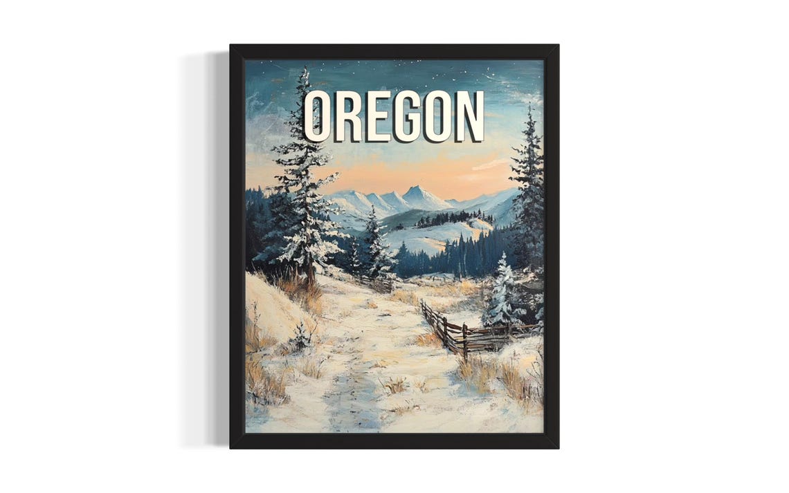 Oregon Snowy Mountain Pines Fence Trail Winter Landscape Poster