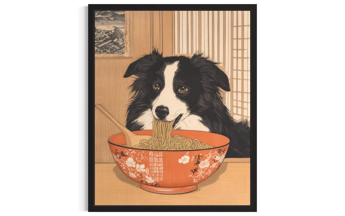 Dog Eating Ramen Noodles Japanese Woodblock Funny Kitchen Poster