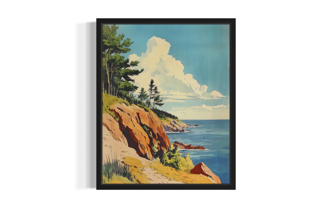 Maine Rocky Coast Red Cliffs Pine Trees Ocean Painting Poster Art