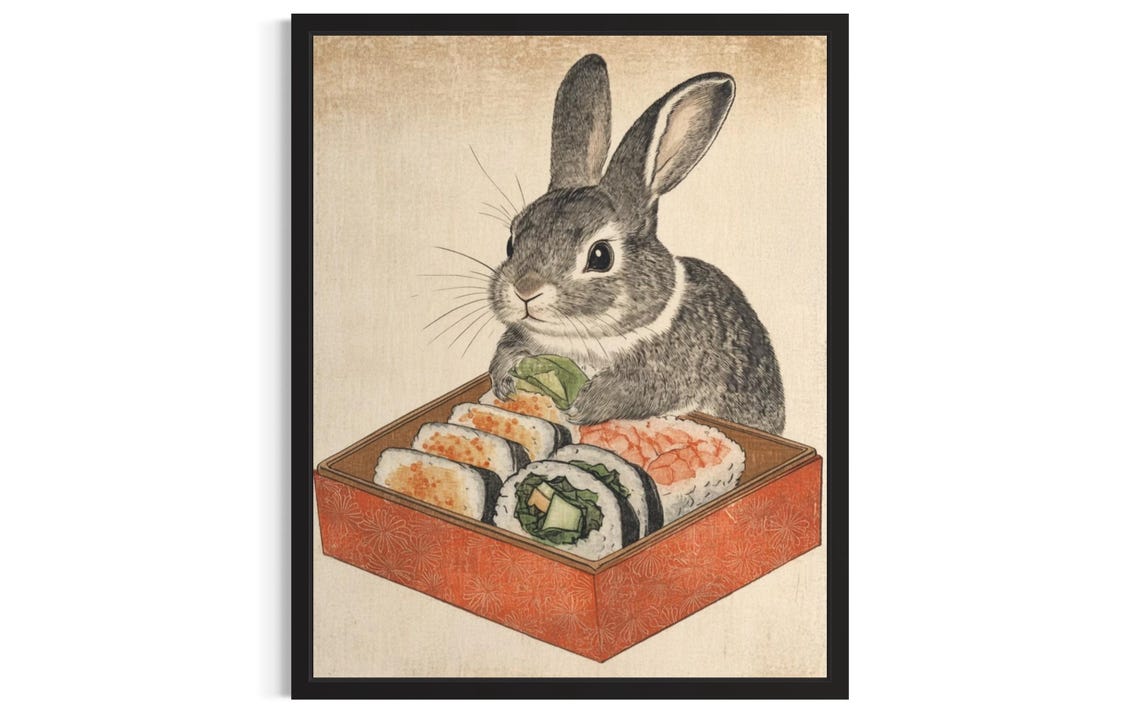 Rabbit Holding Sushi Japanese Ukiyo-e Style Cute Animal Art Poster