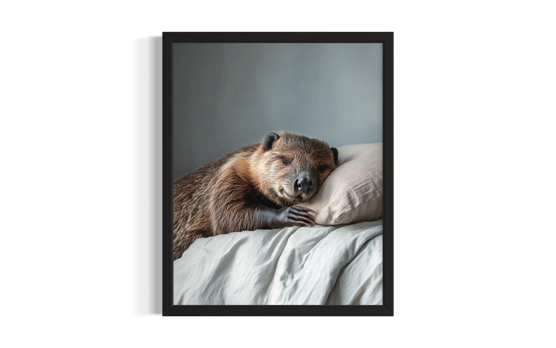 Sleepy Beaver Resting Its Head on a Pillow in Soft Light Poster