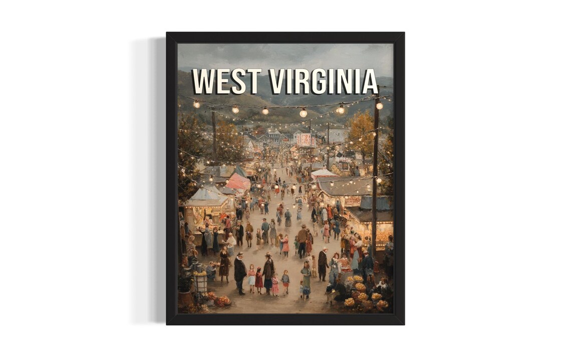 West Virginia Evening Street Fair Festival Lights Retro Travel Poster