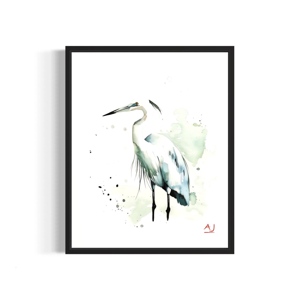 Graceful White Egret Standing in Shallow Marsh Water Watercolor Poster