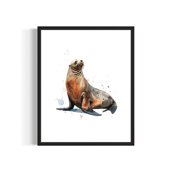 Sea Lion Pup Watercolor Coastal Marine Animal Portrait Poster