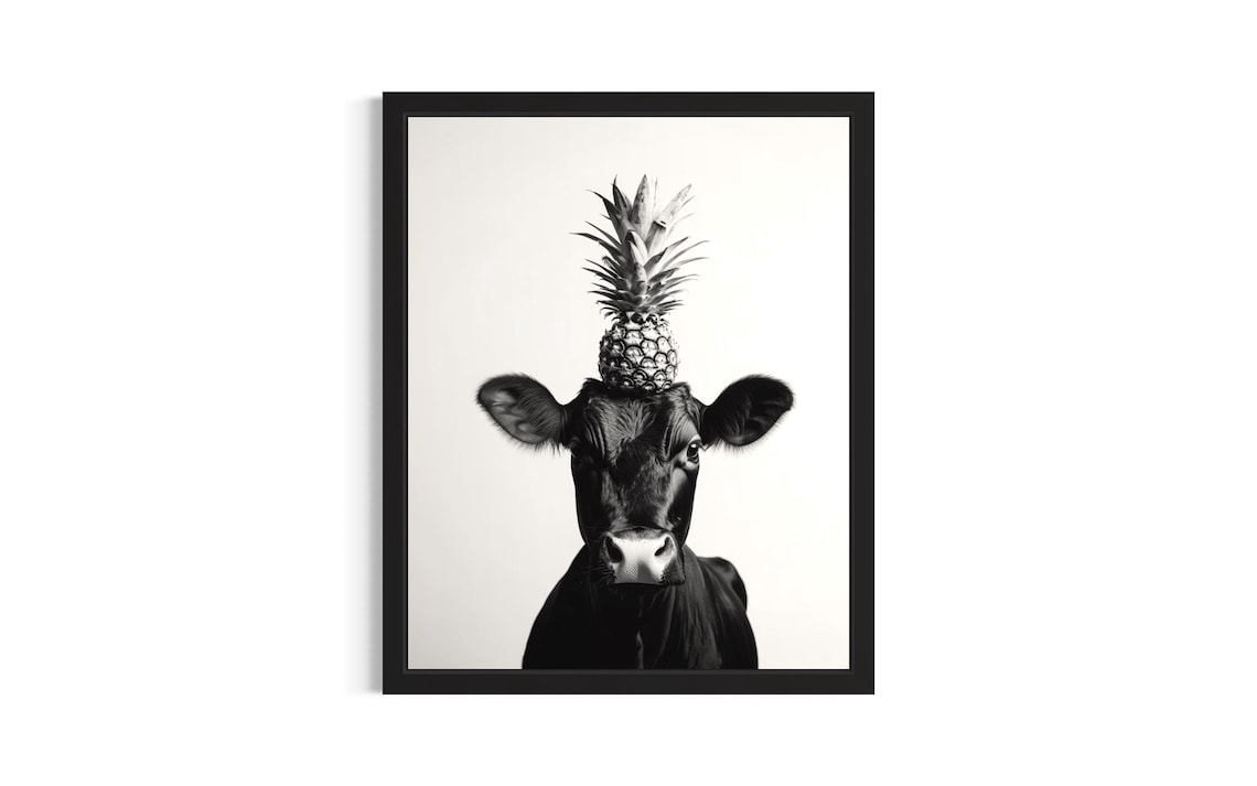 Cow Balancing Pineapple Black And White Farm Animal Portrait Poster