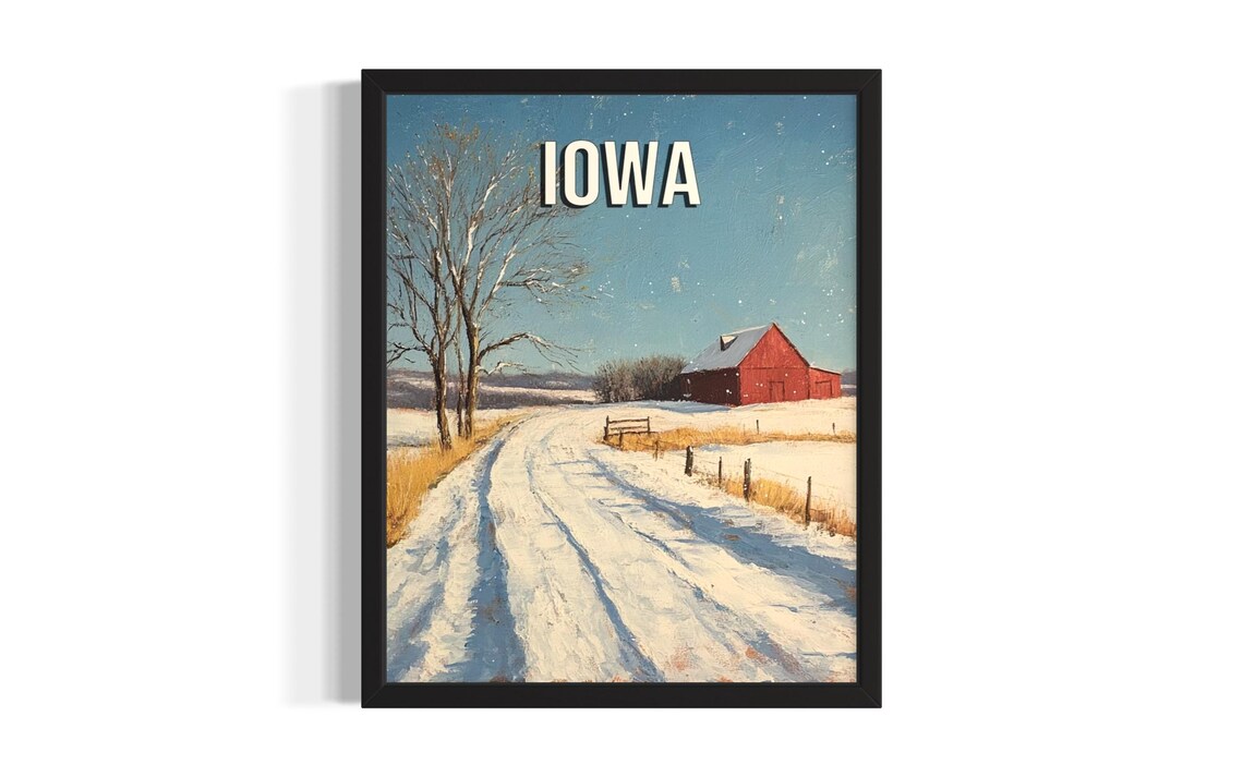 Iowa Winter Snowy Road Red Barn Farm Snow Scene Travel Poster