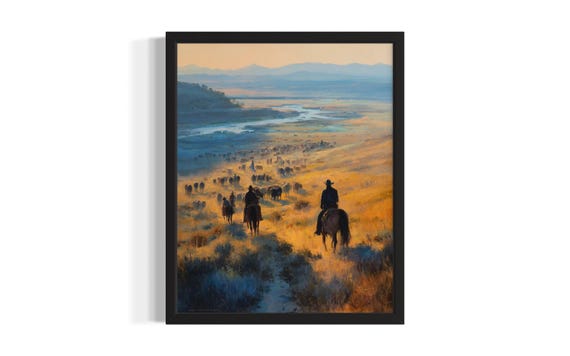 Cattle Drive At Dawn Cowboy Poster Art Print Living Room Wall Original Painting Artwork Decor