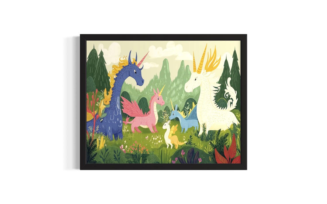 Magical Unicorn Dragons Family Fantasy Forest Illustration Poster