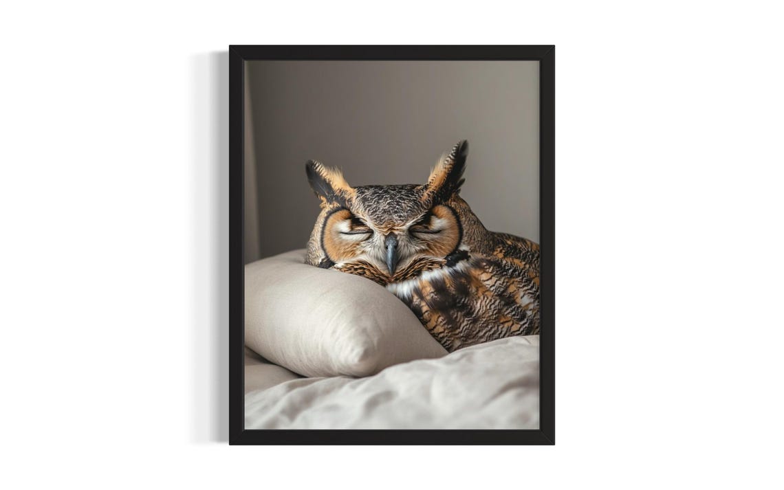 Great Horned Owl Sleeping Soundly on a White Pillow Wildlife Poster