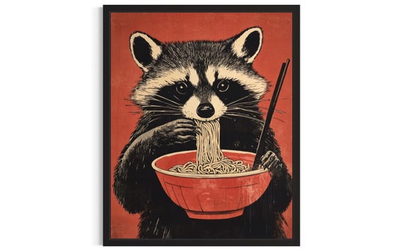 Raccoon Animal Kitchen Ramen Poster Art Print Wall Original Painting Artwork Decor