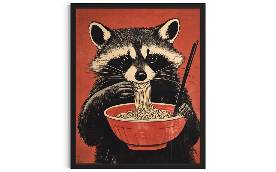 Raccoon Animal Kitchen Ramen Poster Art Print Wall Original Painting Artwork Decor