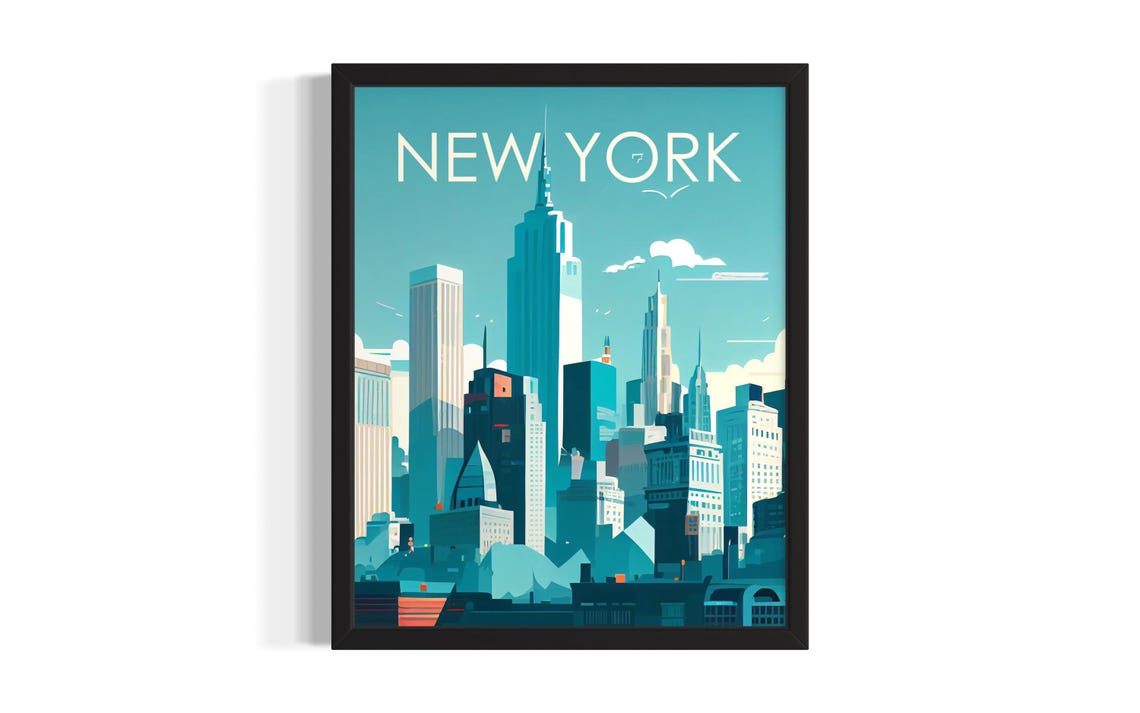 New York Manhattan Skyline Modern Teal Art Deco Style Poster
