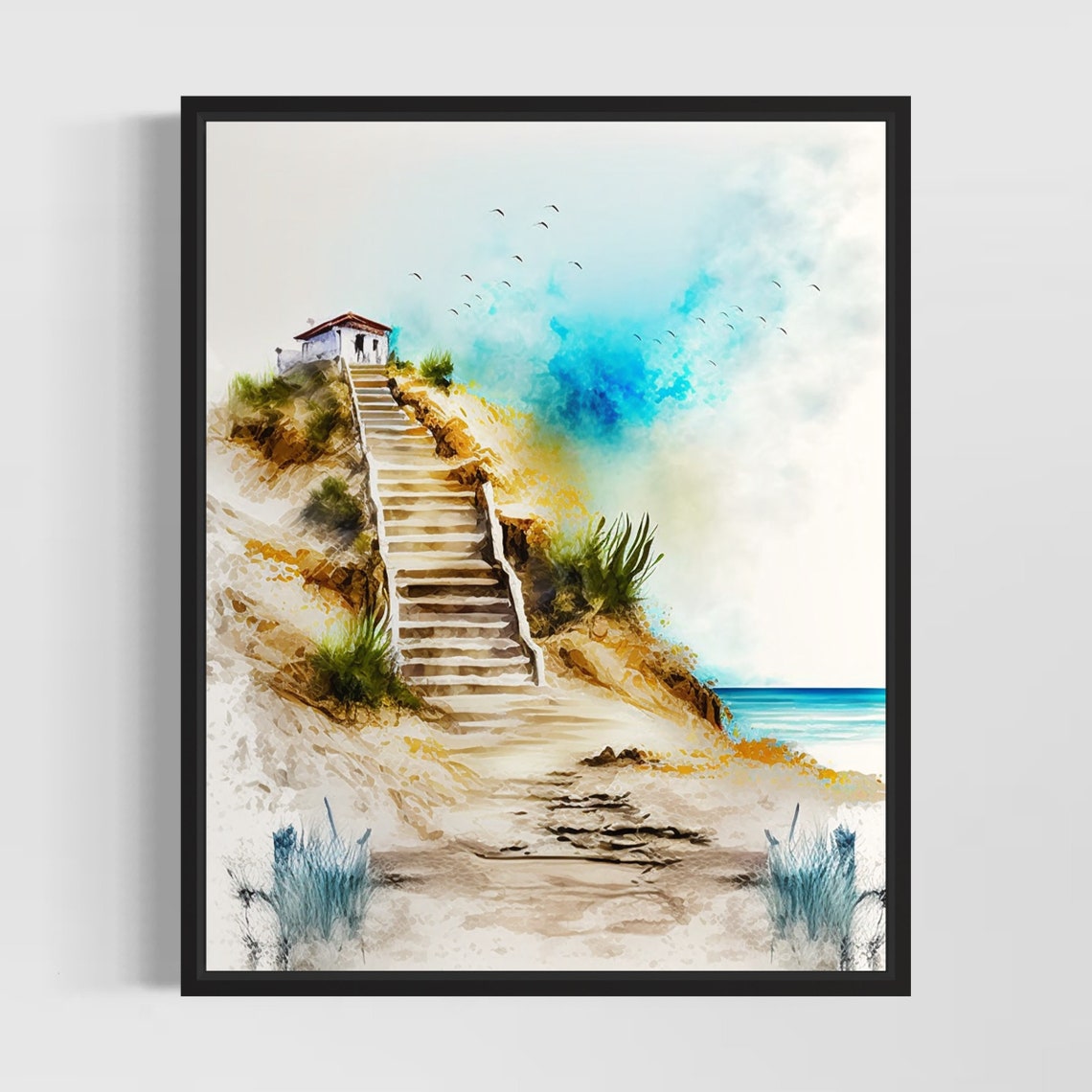 Stone Steps Climbing to Beach Chapel Coastal Watercolor Poster