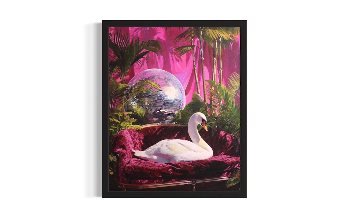 White Swan Lounging on Red Velvet Chair with Disco Ball Party Poster