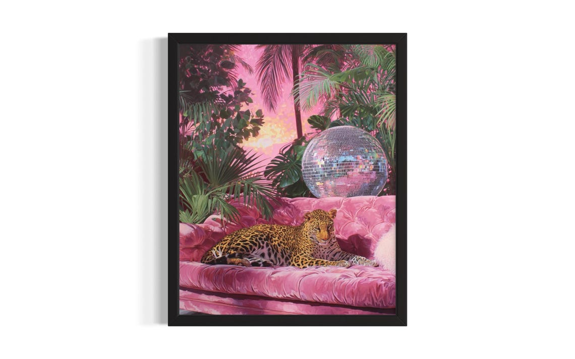 Leopard Lounging on Pink Velvet Sofa at Sunset Disco Party Poster