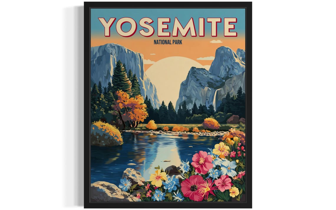 Yosemite National Park Valley Waterfall Wildflowers Vintage Poster