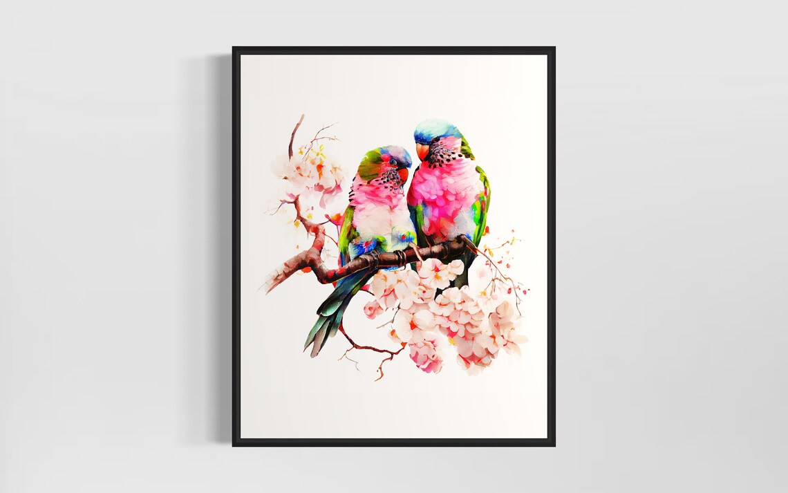 Pair of Colorful Parrots on Blossom Branch Watercolor Poster