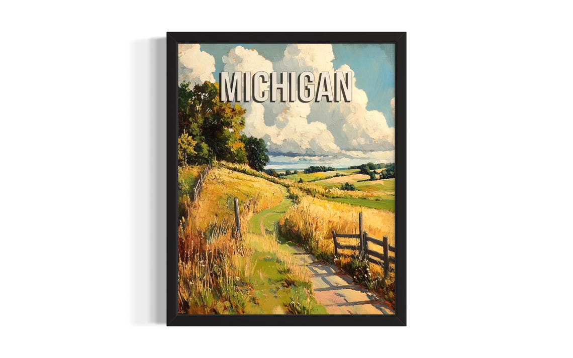 Michigan Golden Summer Wheat Field Country Path Travel Poster