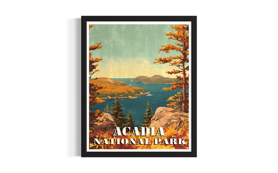 Acadia National Park Vintage Retro Fall Foliage Coastline Poster