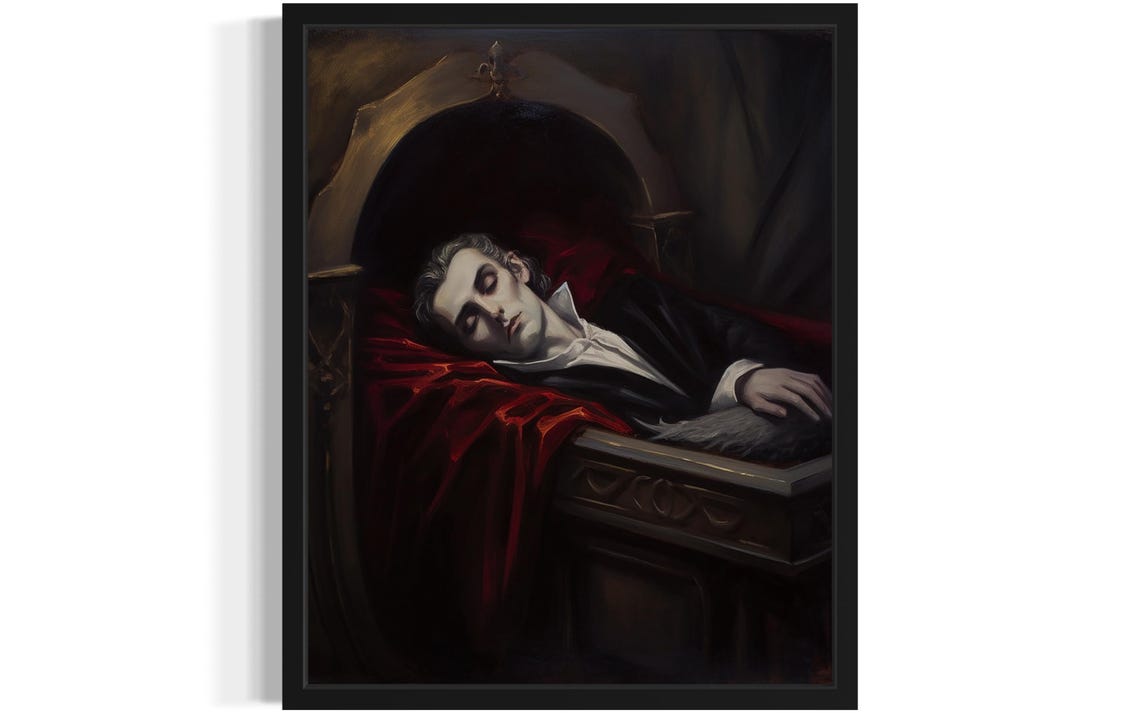 Sleeping Dracula Resting In An Ornate Coffin Dark Art Poster