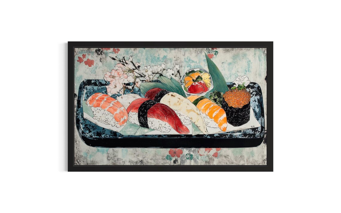 Colorful Sushi Platter Watercolor Illustration Japanese Poster